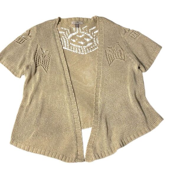 Roz & Ali 1X cropped open cardigan in neutral oatmeal color short sleeve - Picture 2 of 14